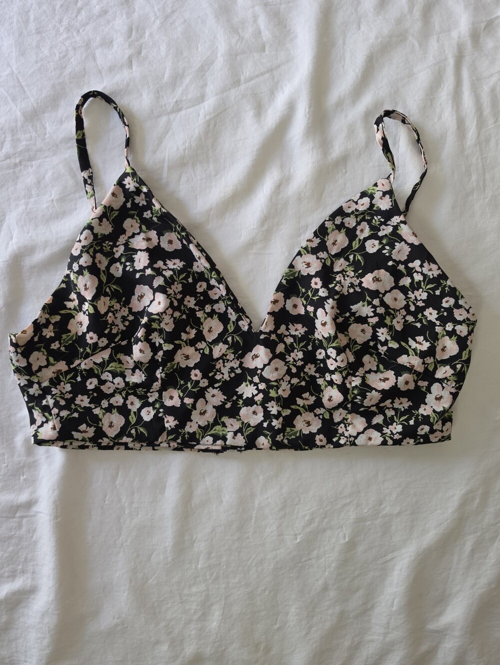 CBR Black Pink Floral Crop Top Bralette V-Neck Zipper Back Size XL Fits Small